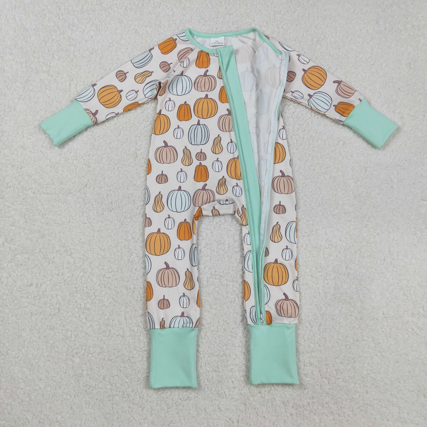 RTS NO MOQ（In Stock) LR2565 Pumpkin pattern beige long-sleeved zippered bodysuit