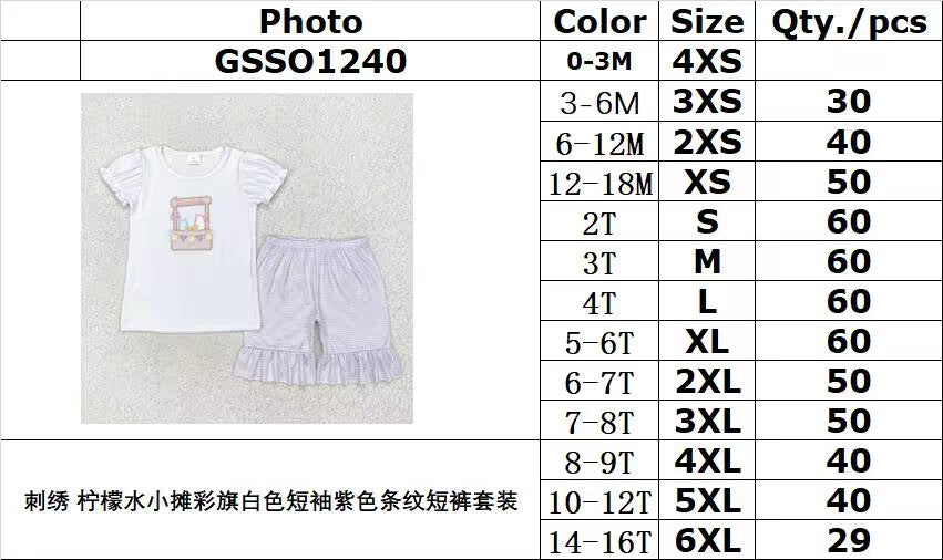 RTS no moq GSSO1240 Embroidery lemonade stand bunting white short sleeve purple striped shorts set