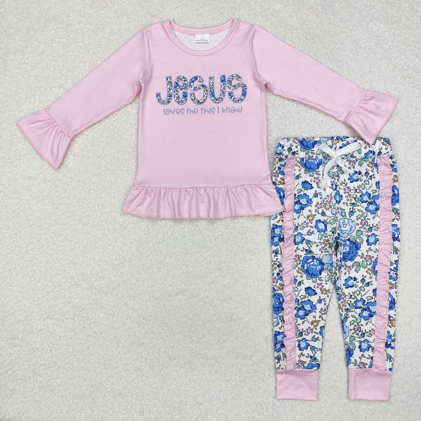 RTS NO MOQ ETA 5/7days Arrived GLP1670 jesus pink lace long sleeve flower pants set