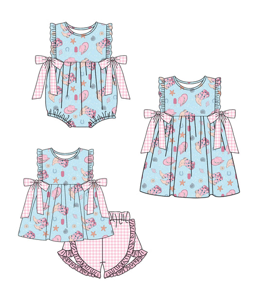 1.23 custom each style moq 5eta 4-6week Sibling Sisters boot hat baby girl short sleeve shorts sets and dress and rompers match family design