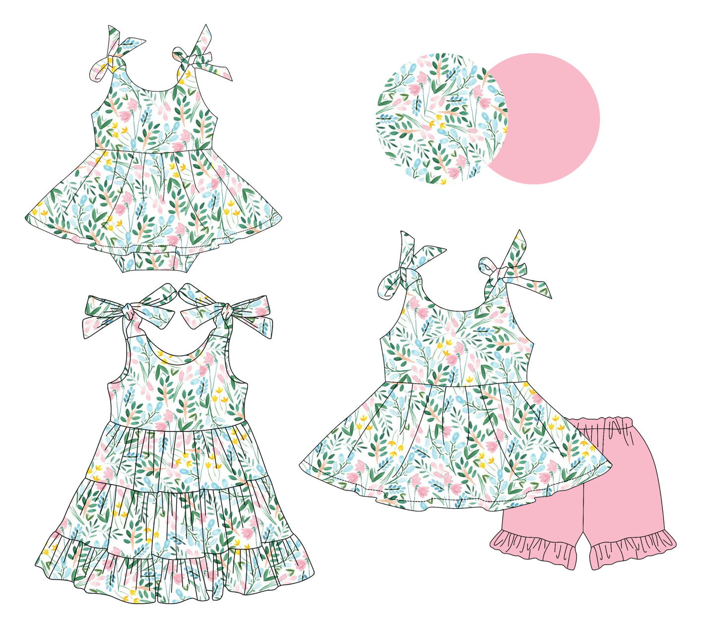 3.17 custom each style moq 5eta 4-6week Sibling Sisters floral baby girl short sleeve shorts sets and dress and rompers match family design