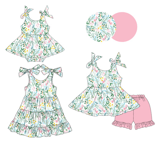 3.17 custom each style moq 5eta 4-6week Sibling Sisters floral baby girl short sleeve shorts sets and dress and rompers match family design