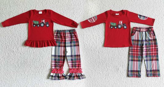 Baby Girls boys Country Style Tractor Print Red Family siblings set