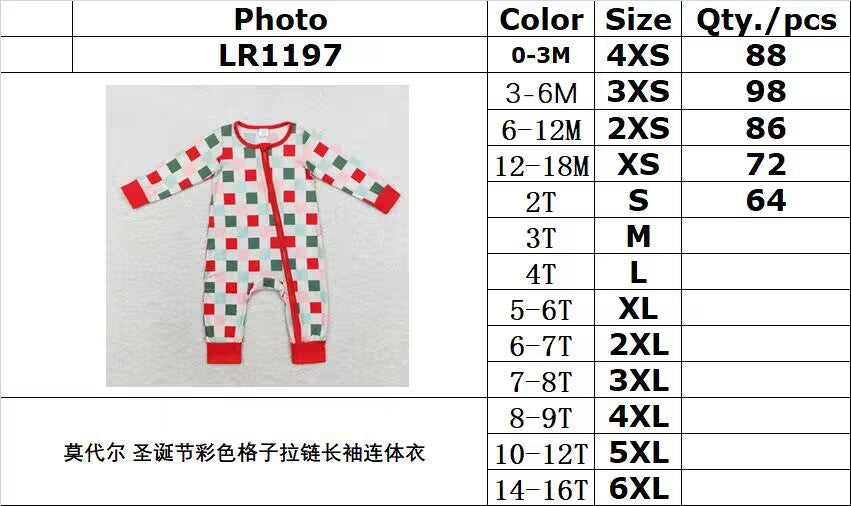 bamboo rts no moq LR1197 Modal Christmas colorful plaid zipper long sleeve onesie