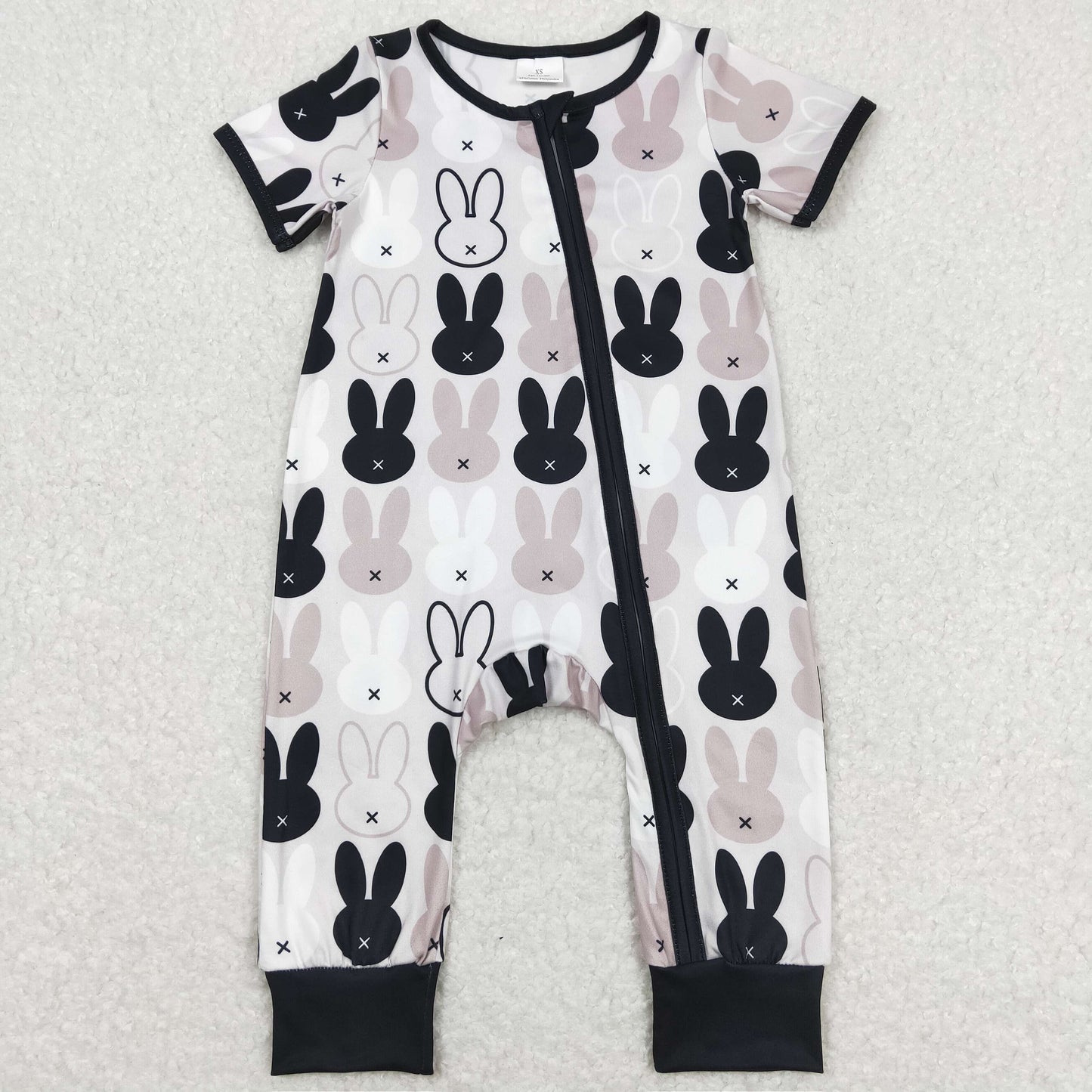 SR1012 Rabbit Black and Gray Zip Short Sleeve Jumpsuit