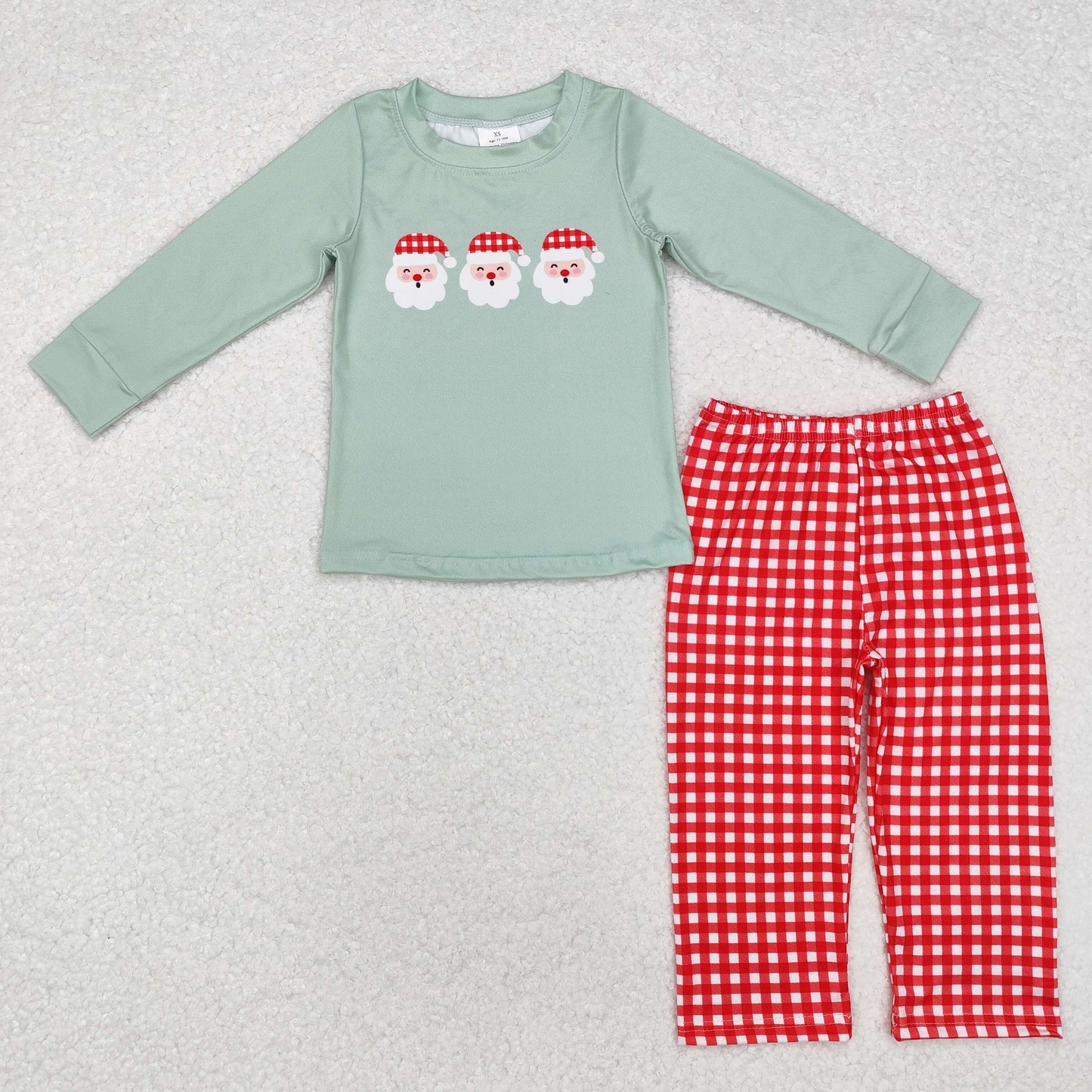 RTS NO MOQ ETA 5/7days BLP0774 Santa Claus green long-sleeved top and red and white plaid trousers set