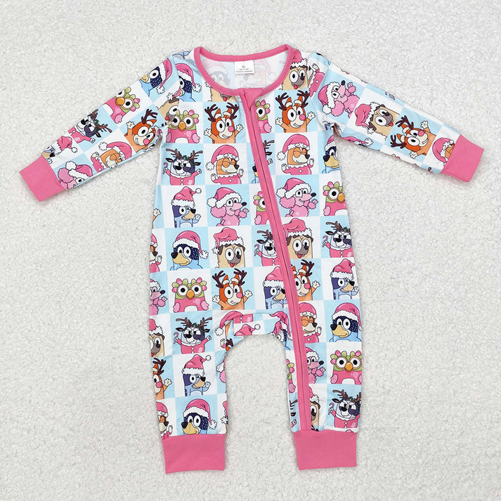 RTS NO MOQ Baby Girls Christmas Dogs Pink Rompers Pajamas