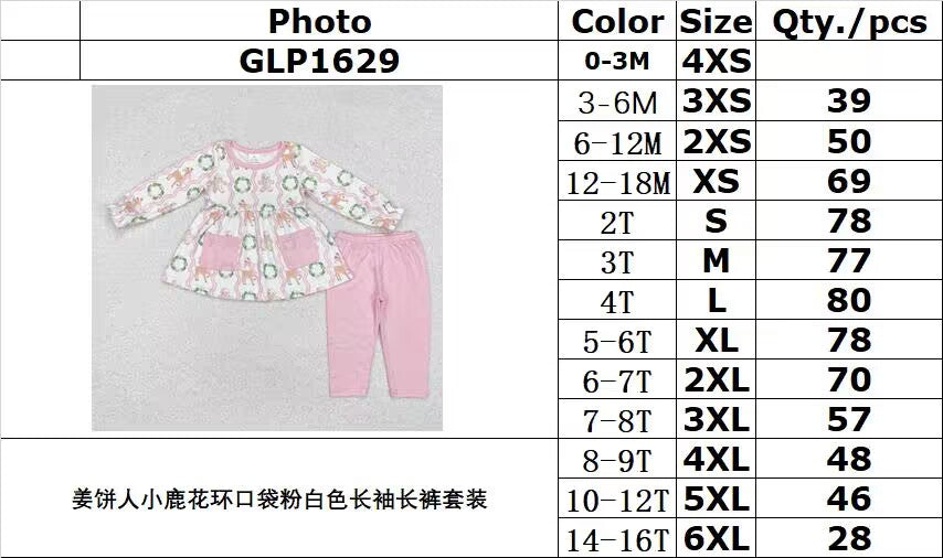 RTS NO MOQ ETA 5/7days GLP1629 Gingerbread man deer wreath pocket pink and white long-sleeved trousers set