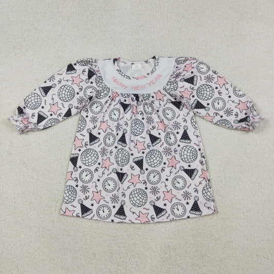 RTS NO MOQ（In Stock) GLD1231 Pink long-sleeved dress with embroidered Happy New Year, stars, fireworks, and lights