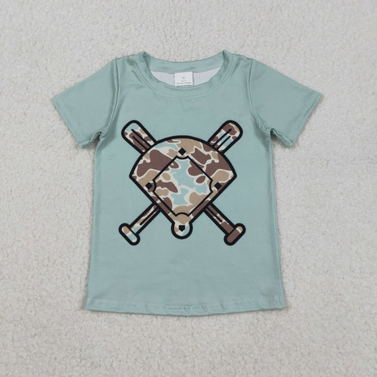 RTS NO MOQ（In Stock) BT1422 Blue-green-brown camouflage fan-shaped baseball short-sleeved top