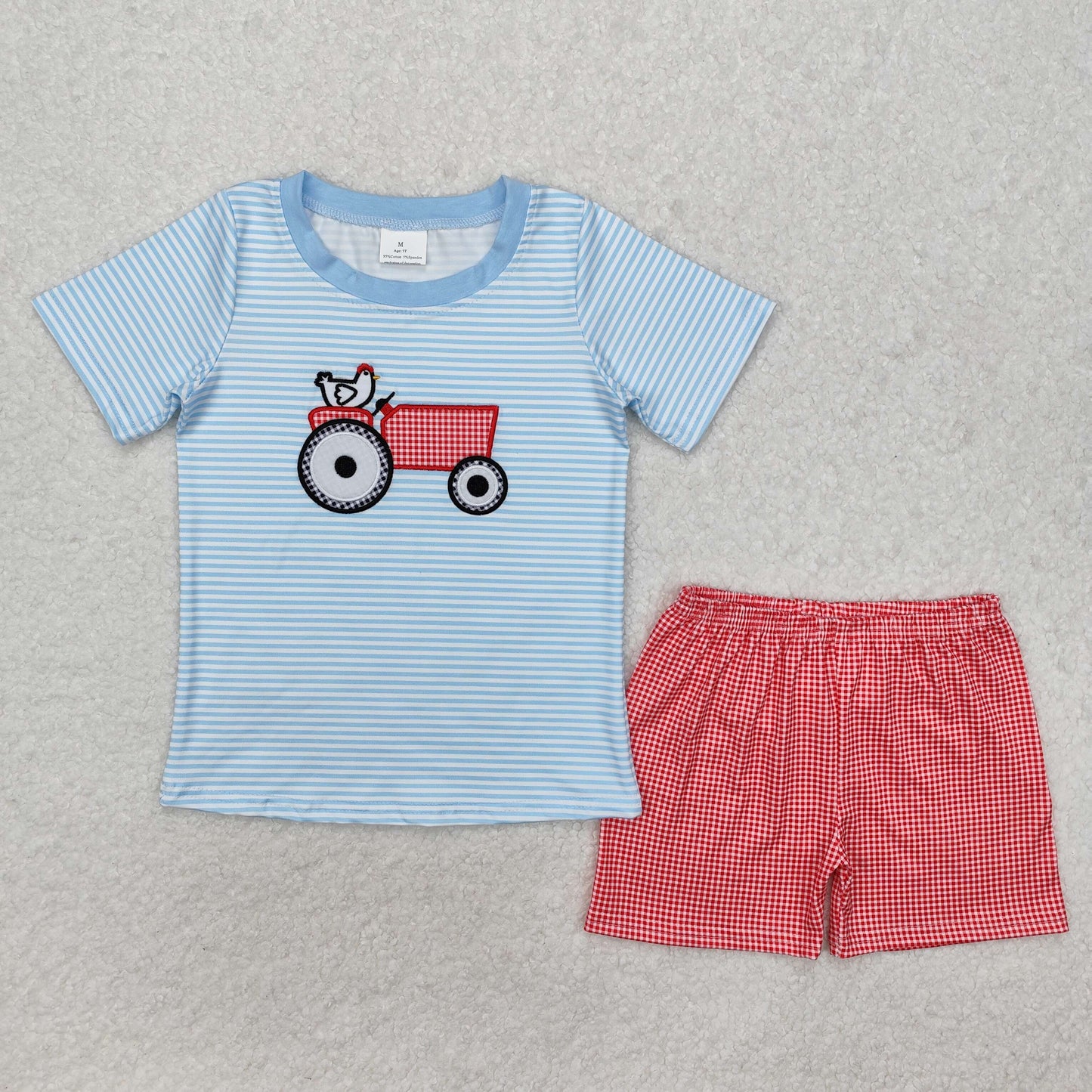 RTS NO MOQ ETA 5/7days Arrived BSSO1172 Embroidered chicken tractor blue striped short-sleeved red plaid shorts set