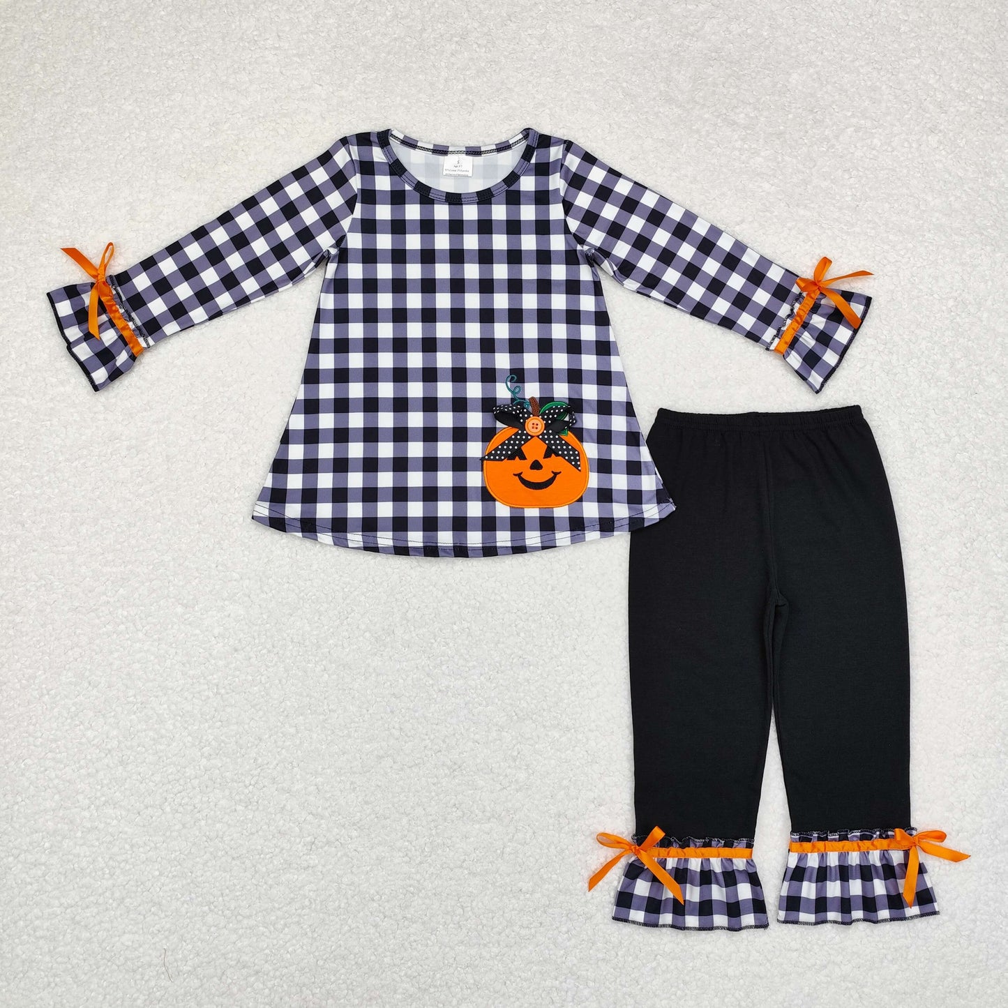 rts no moq GLP1674 Embroidered pumpkin pattern black and white plaid bow long sleeve pants set