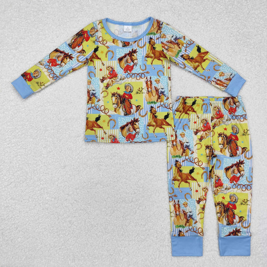 BAMBOO RTS NO MOQ ETA 5/7days arrived BLP0915 Modal horse riding boy yellow blue long sleeve long pants pajama set