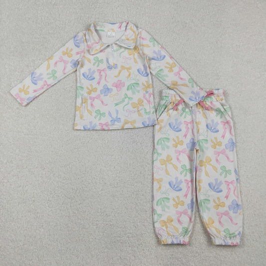 RTS NO MOQ（In Stock) GLP2886 Colorful Bow Pattern Zippered Long-Sleeved Pants Set