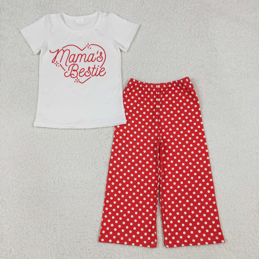 RTS NO MOQ（In Stock) GSPO2250 Mama's Bestie White Short-Sleeve Polka Dot Red Pants Set