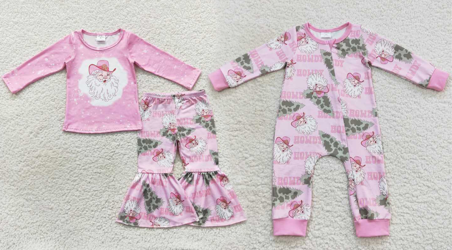 Baby boys Pink Santa Claus print pink pajamas Sibling Sister Clothes Sets