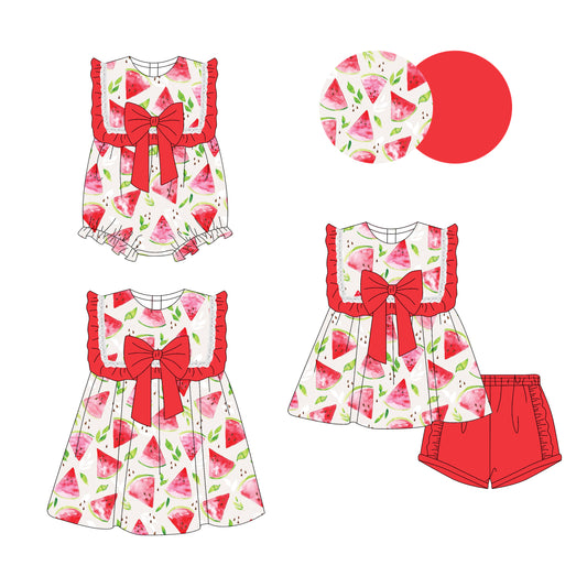 3.17 custom each style moq 5eta 4-6week Sibling Sisters watermelon baby girl short sleeve shorts sets and dress and rompers match family design