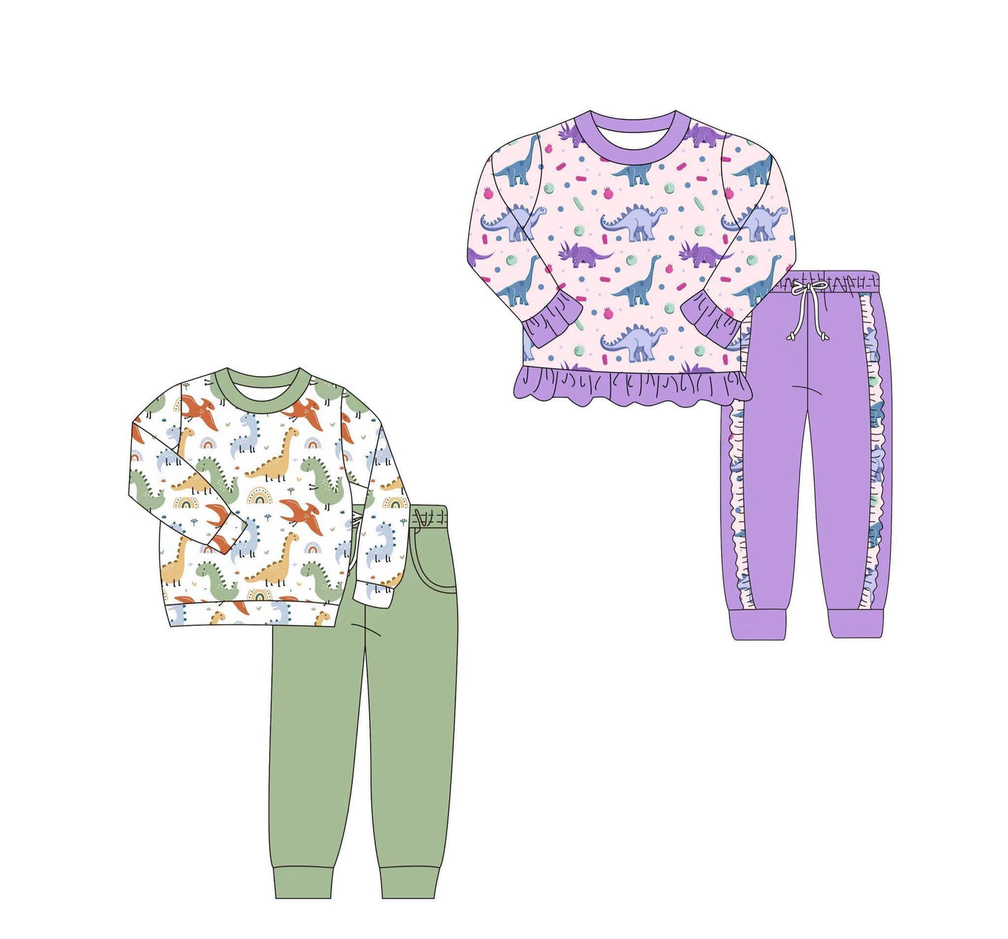 5.15custom each style moq 5eta 4-5week Sibling Sister Dinosaur print green and purple girls and boys set