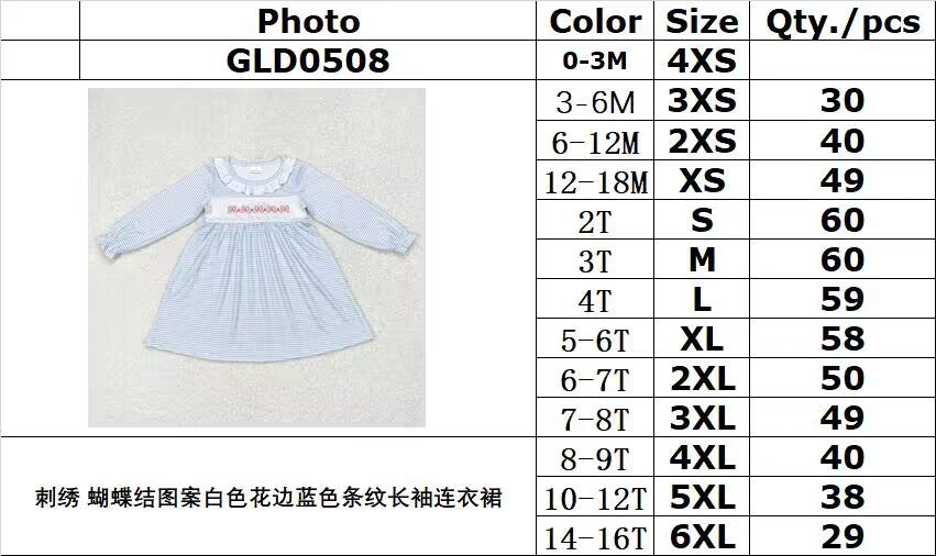 rts no moq GLD0508 Embroidered bow pattern white lace blue striped long-sleeved dress