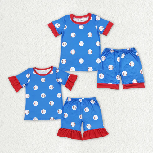 Baby Girls Boys Blue Baseball Tops Shorts Pajamas Sibling Clothing Sets