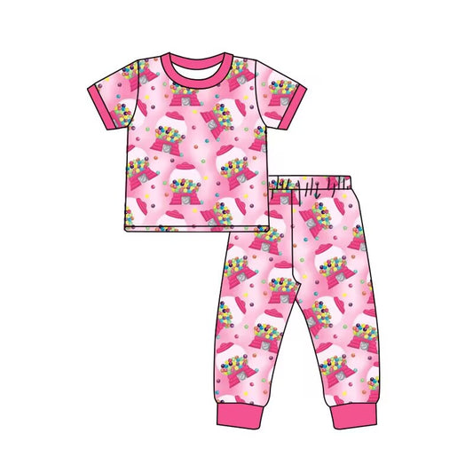 custom moq 5 eta 5-6weeks baby girls clothes pink short sleeve grid Pants Sets