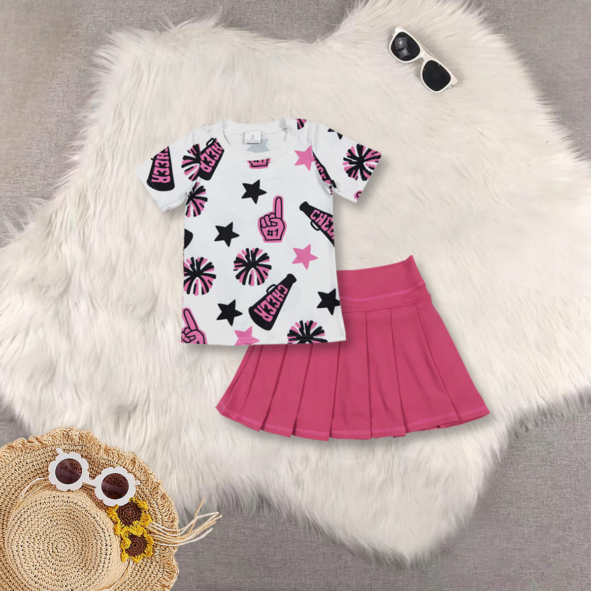RTS NO MOQ GT0994+GLK0079 Cheer pink and black fireworks star white short-sleeved top skirt sets