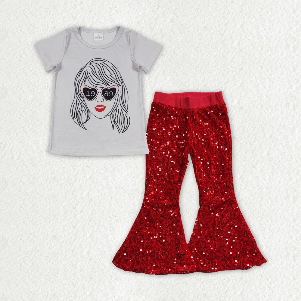 GT0434 1989 taylor swift gray short-sleeved top + P0147 Orange-red sequined pants