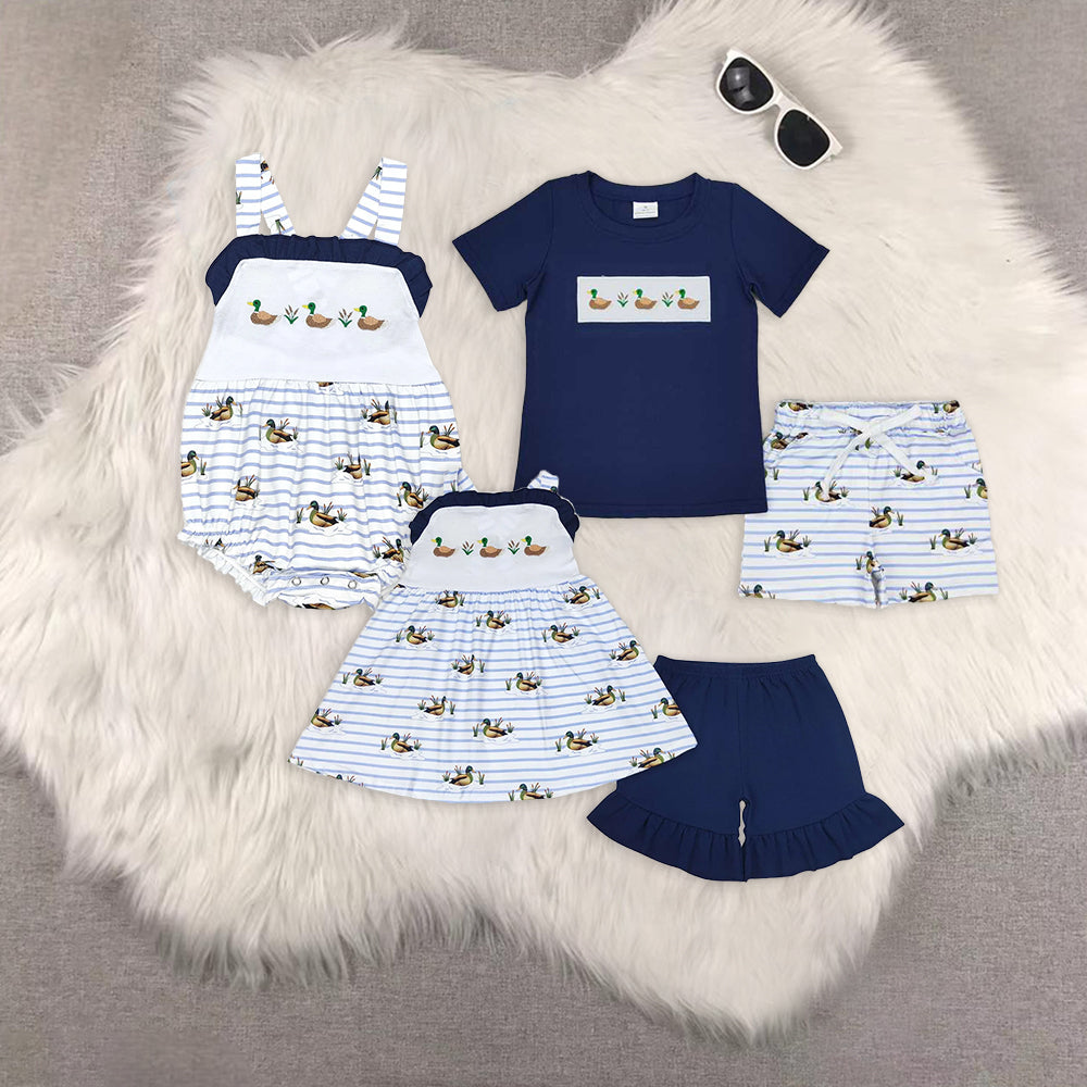 RTS NO MOQ Duck blue short-sleeved shorts suit & and romper