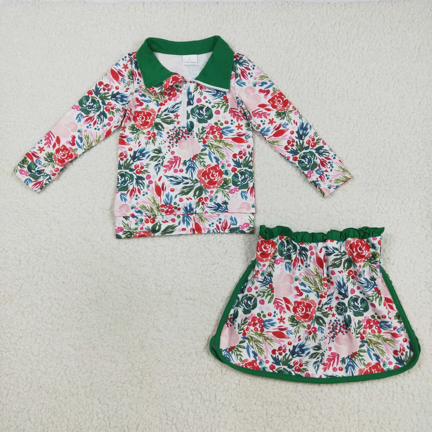 RTS NO MOQ（In Stock) GLD1075 Floral leaf green and white zipper long-sleeved skirt set