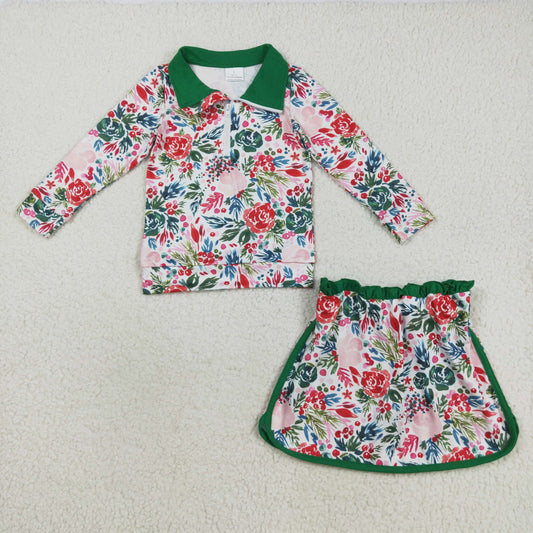RTS NO MOQ（In Stock) GLD1075 Floral leaf green and white zipper long-sleeved skirt set