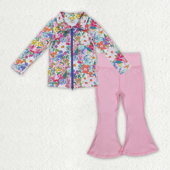 RTS NO MOQ Sibling Baby Girl Yoga Floral bow Long Sleeve Trousers Sets