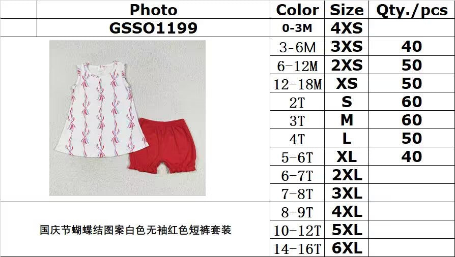 rts no moq GSSO1199 National Day bow pattern white sleeveless red shorts suit