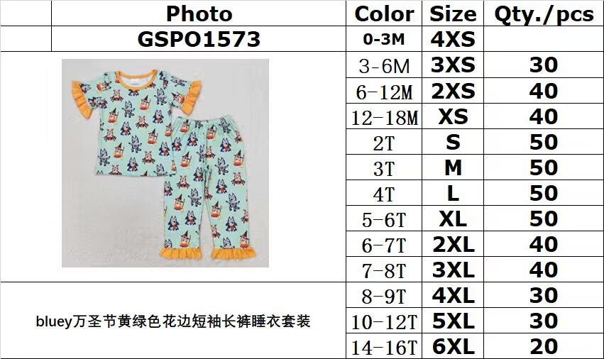 RTS NO MOQ GSPO1573 bluey Halloween yellow green lace short-sleeved trousers pajama set