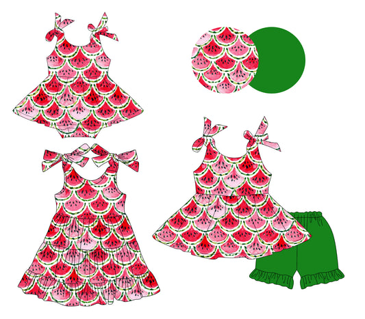 3.17 custom each style moq 5eta 4-6week Sibling Sisters watermelon baby girl short sleeve shorts sets and dress and rompers match family design