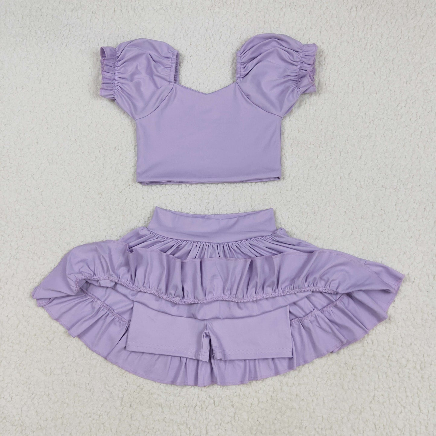 RTS NO MOQ GSD2099 Pure purple lantern sleeve skirt yoga set