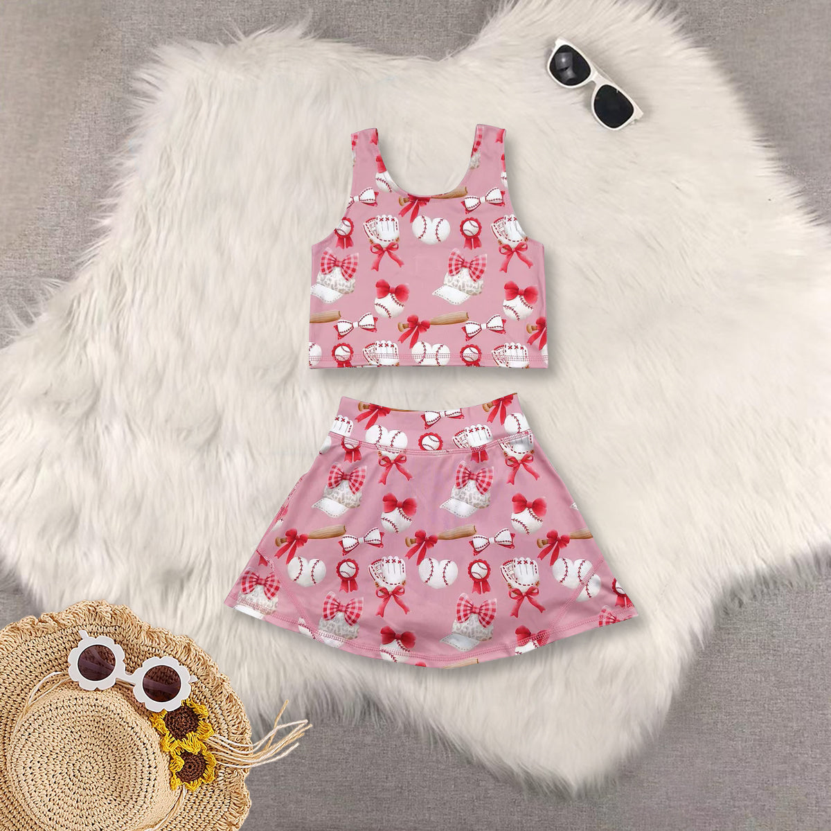 RTS NO MOQ Sibling baby girl clothes baseball sleeveless skirt yoga set