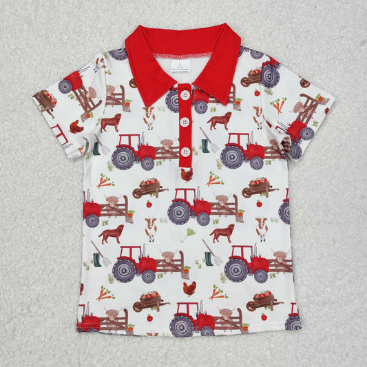 RTS NO MOQ ETA 5/7days arrived BT1043 Farm Animal Tractor Red and White Button Short Sleeve Top