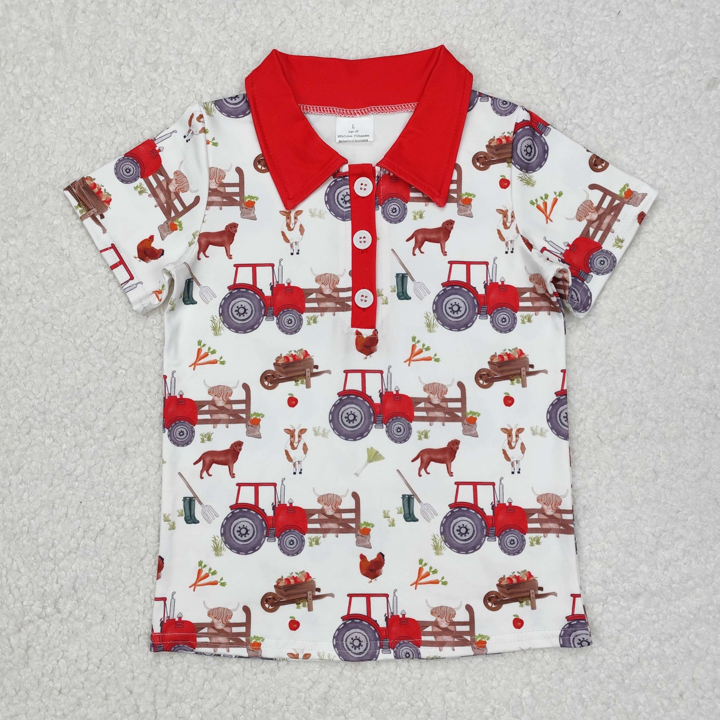 RTS NO MOQ ETA 5/7days arrived BT1043 Farm Animal Tractor Red and White Button Short Sleeve Top