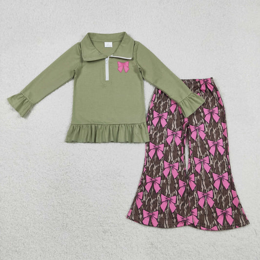 RTS NO MOQ（In Stock ) GT1272+P0896 Embroidered Rose Red Bow Pattern Army Green Lace Zipper Long-Sleeved Top Camouflage Pants set-GLP2984