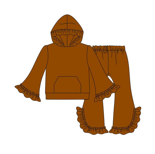 custom moq 3 cotton fabric eta 7-8weeks solid color brown lace hooded long-sleeved trousers suit