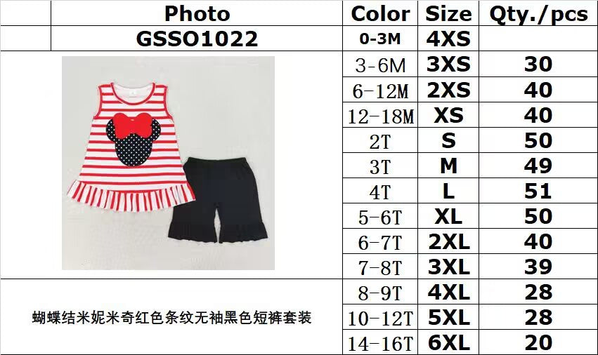 RTS NO MOQ GSSO1022 Bow Minnie Mickey red striped sleeveless black shorts set