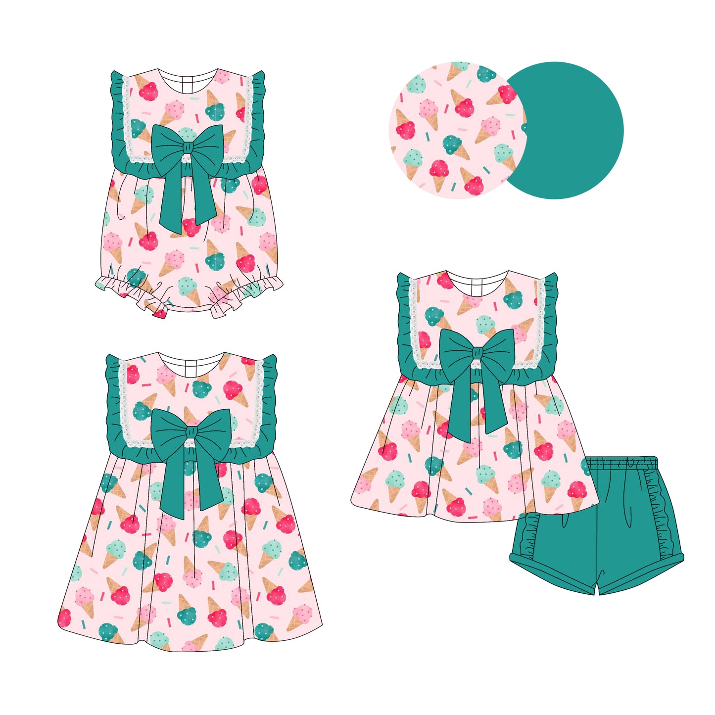3.17 custom each style moq 5eta 4-6week Sibling Sisters ice cream baby girl short sleeve shorts sets and dress and rompers match family design