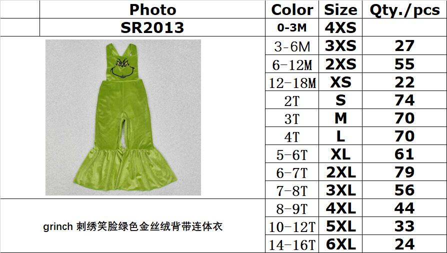 RTS NO MOQ ETA 5/7days Arrived SR2013 grinch embroidered smiley green gold velvet suspender jumpsuit