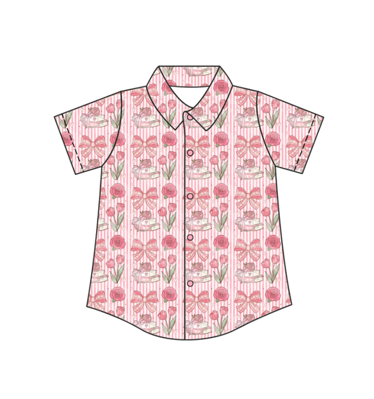 Custom moq 5 mix size milk silk baby boys clothes summer bow floral button short sleeve top