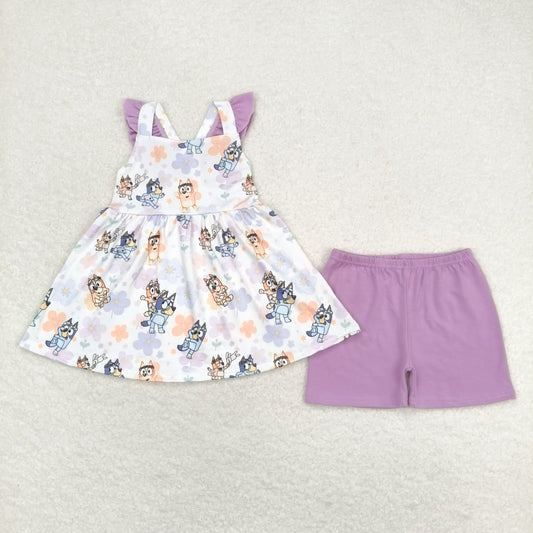 rts no moq GSSO0998 bluey flower purple flying sleeve shorts suit