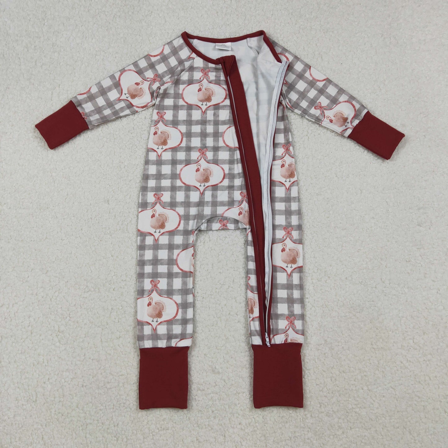 RTS NO MOQ（In Stock) LR2691 Turkey Plaid Bow Pattern Zippered Long-Sleeved Bodysuit