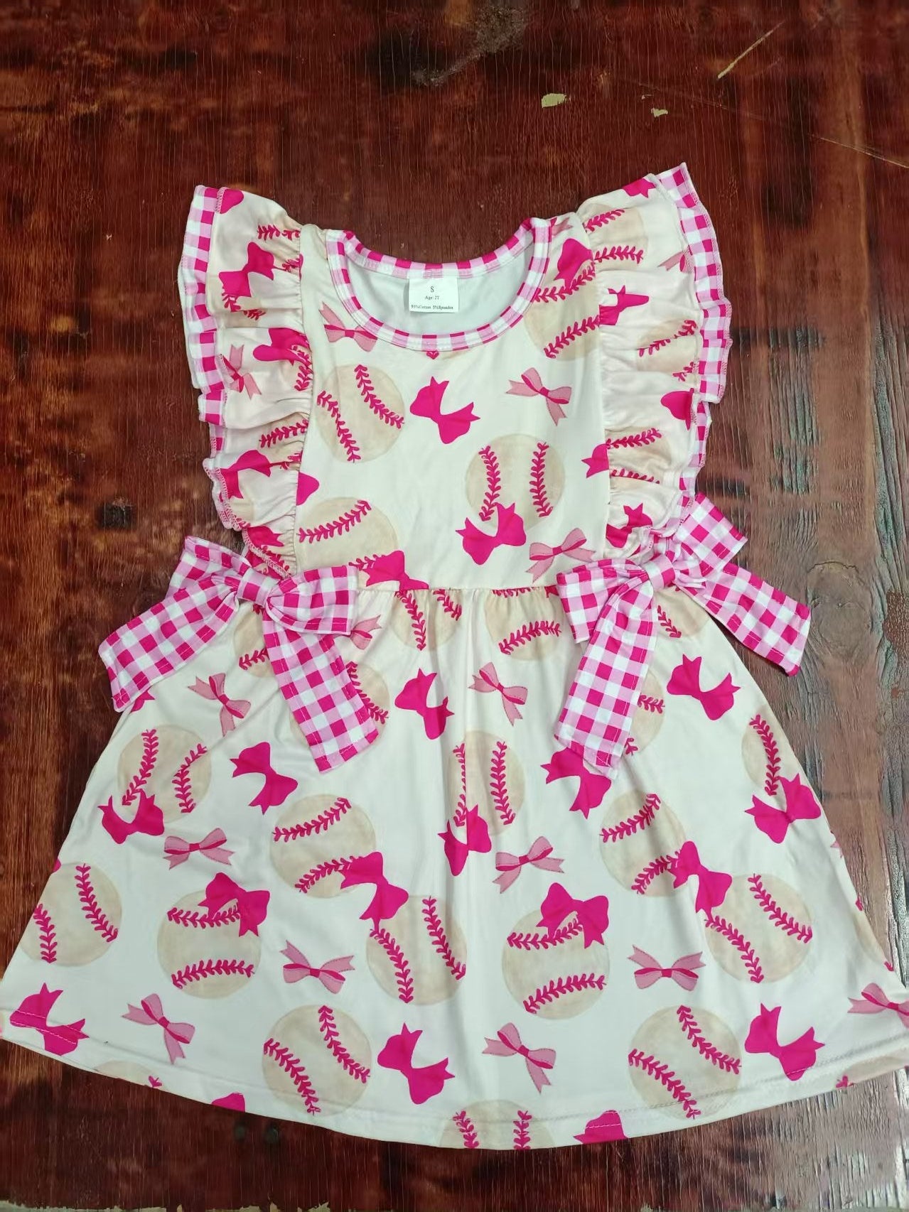 Custom moq 3 eta 6-7weeks baby girl clothes baseball bow flying sleeve dress