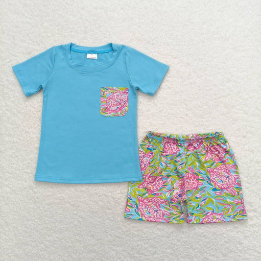 RTS	  BSSO0846 Turtle seagrass pocket blue short-sleeved shorts pajama set