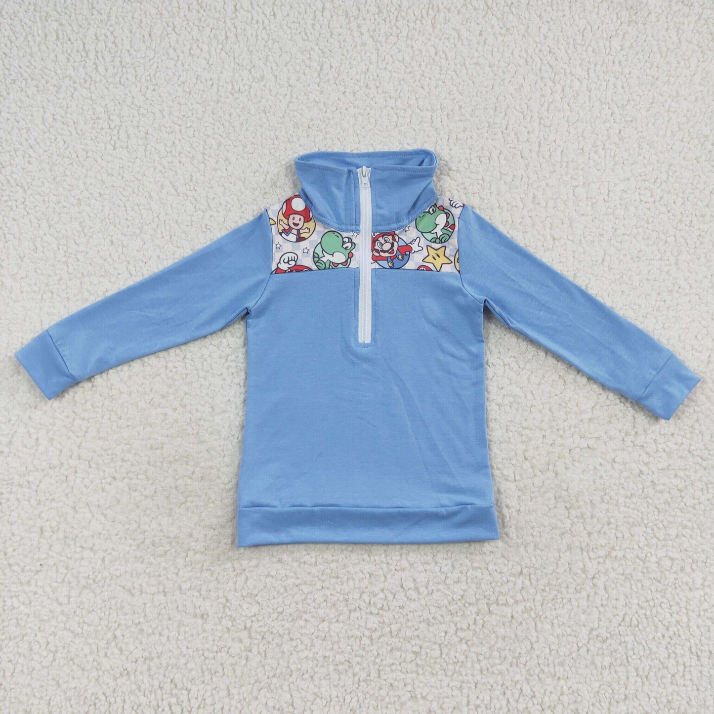 BT0265 Cartoon Mario Dinosaur Light Blue Zipper Long Sleeve Top