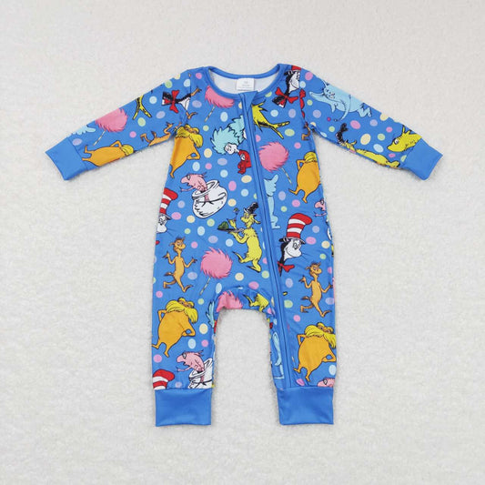 LR0784 dr seuss cartoon colorful polka dot blue zipper long sleeve jumpsuit